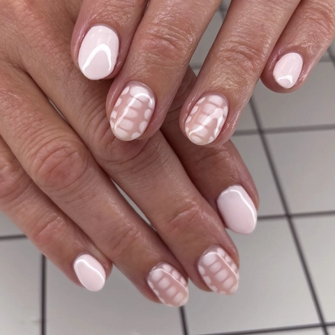Unghie Finte Corte Tonde A Pressione Rosa Chiaro Nude Motivo Griglia Bianca Unghie Artificiali Lucide Da Donna