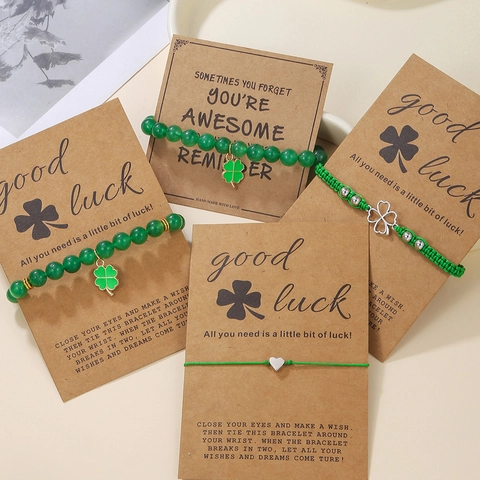 Pulsera De Trébol De Cuatro Hojas Corazón Cuentas De Vidrio Verde Cuerda Trenzada Ajustable Joyería San Patricio