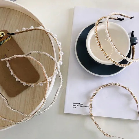 Headband Elegant Imitation Artificial Pearl Alloy Rhinestone Hair Hoop Wave Double Layer Fashion Accessory For Women Girls