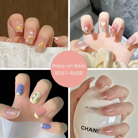 Press On Nails Artificial False Nail Tips Glossy Gradient Heart Flower Patterns Full Cover Women Girls DIY Manicure Art