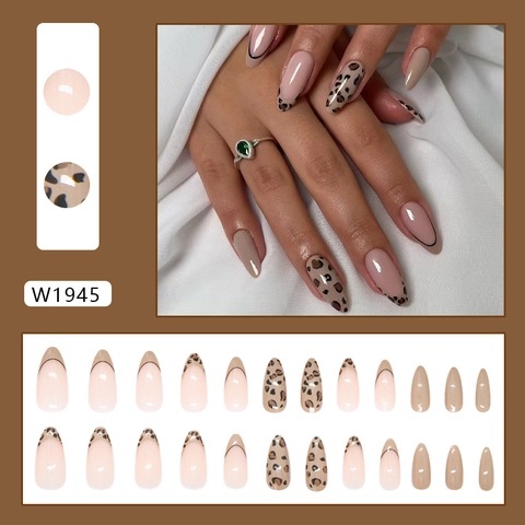 Press On Nails Leopard Muster Französische Spitzen Mandelform Glänzend Braun Nude ABS Kunststoff Künstliche Falsche Fingernägel