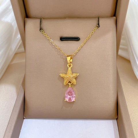 Collana Con Ciondolo A Stella Marina Zircone Goccia D'Acqua Rosa Catena In Acciaio Inossidabile Rame Micro Intarsiato Elegante Gioielli Donna