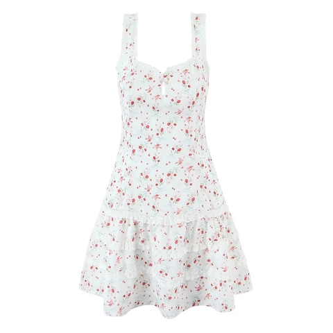 Florales Einfarbiges Minikleid Spitzenbesatz Camisole-Träger Gestufter Rüschenrock Herzausschnitt Polyester Sommer Ärmellos Lässig Damen