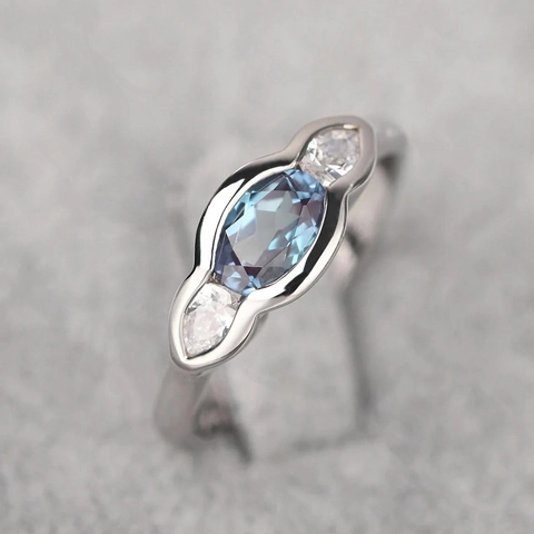 Marquise Blue Zircon Ring Geometric Copper Silver Plated Three Stone Bezel Setting Vintage Style For Women