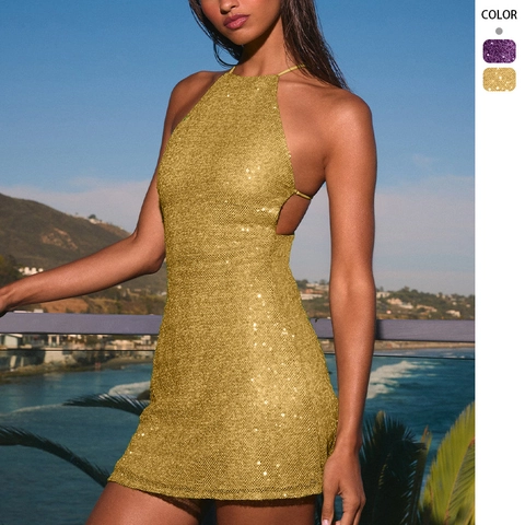 Sequin Halter Mini Dress Backless Bodycon Sleeveless Party Cocktail Evening Clubwear For Women Shiny Glitter Elegant