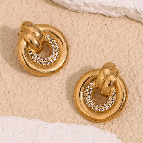 Classic Round Ring Stud Earrings 18K Gold Plated Stainless Steel With White Rhinestone Retro Elegant Jewelry For Women
