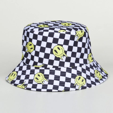Checkerboard Melting Smiling Face Fischerhut Leinwand Sonnenschutz Faltbar Sommer Outdoor Trendige Kappe
