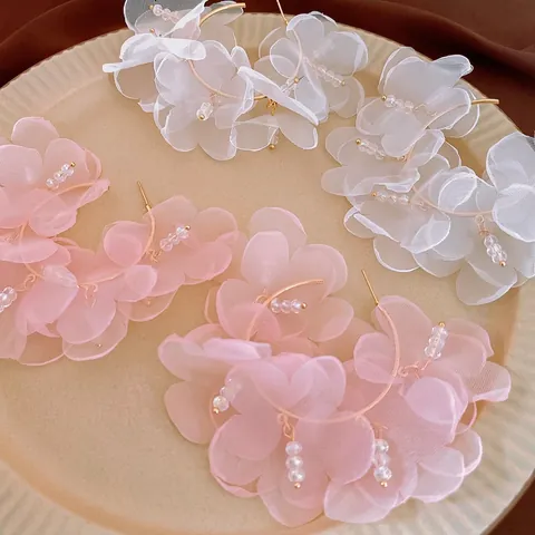 Romantische Organza Gaas Bloem Oorbellen Met Zilveren Oorsteker Elegante Kristallen Kraal Sieraden Voor Dames