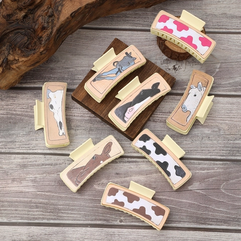 Vintage Western Stijl Kunstleer Haarklauw Grote Haarklem Met Koe Paardenhoofd Patroon Retro Haaraccessoires Voor Vrouwen