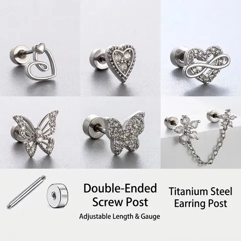 Zircon Cartilage Stud Earrings Titanium Steel Heart Butterfly Double Ended Screw Back Piercing Jewelry For Women