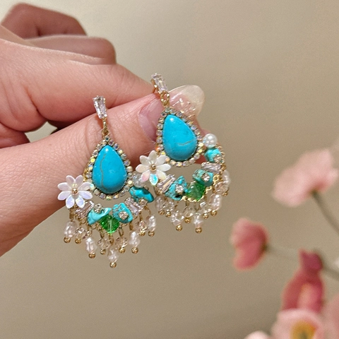 Vintage Böhmische Wassertropfen Türkis Blume Quaste Künstliche Perle Ohrhänger Mit Silbernem Ohrstecker Zirkon Legierung Für Damen