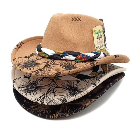Chapeau De Cow-Boy Western Feutre Polyester Large Bord Imprimé Fleur Papillon Bande Tressée Décor Plume Style Rétro Femmes