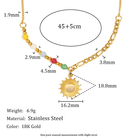Collier Pendentif Soleil Acier Inoxydable Plaqué Or 18K Pierre Naturelle Perles Colorées Style Rétro Français Femmes