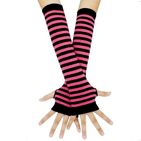 Striped Knitted Arm Sleeves Fingerless Gloves Long Warm Thumb Hole Y2K Punk Style For Women Men