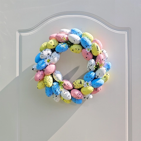 Easter Wreath Artificial Colorful Macaron Speckled Eggs With White Daisies Spring Front Door Hanging Decoration