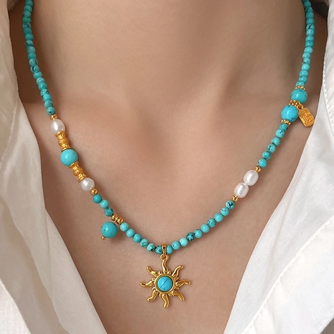 Collana Con Pendente A Sole Bohemien Con Perline Di Turchese E Künstliche Perle Gioielli In Stile Etnico Vintage Per Donna