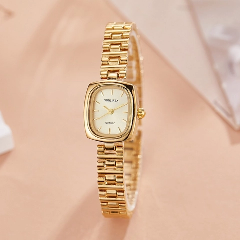 Damen Quarzuhr Elegant Gold Legierung Gliederarmband Vintage Stil Armbanduhr Wasserdicht Minimalistisch