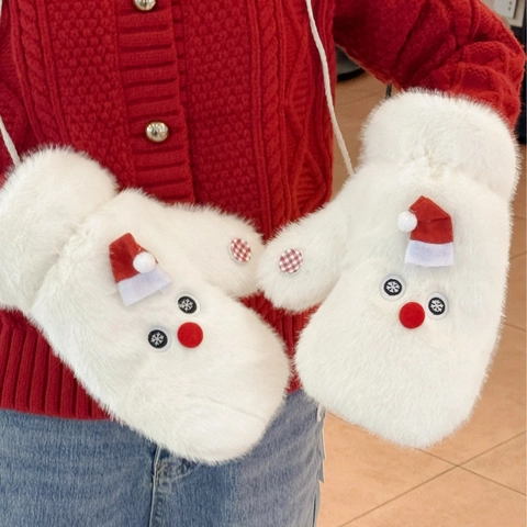 Snowman Christmas Winter Mittens Faux Fur Thick Warm Gloves With Hanging Neck String Outdoor Soft Plush For Women