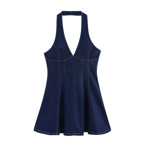 Vestito Denim Mini a Fascia da Donna Scollo a V Profondo Senza Schiena Taglio a Trapezio Blu Scuro Cuciture a Contrasto