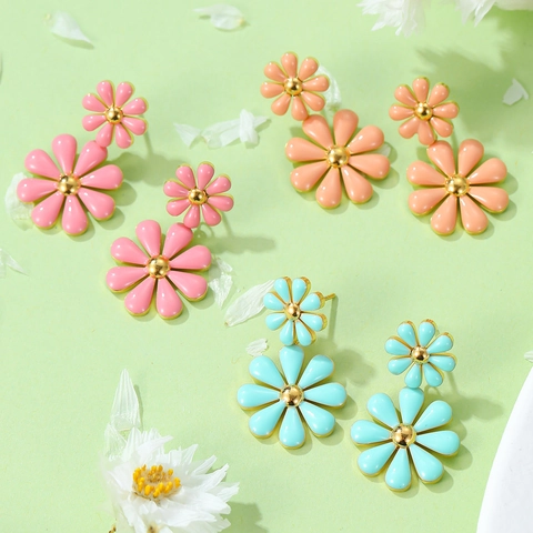 INS Style Daisy Flower Stud Earrings For Women Stainless Steel Enamel Drip Oil Double Layer Floral Earrings Sweet 18K Gold Plated Jewelry