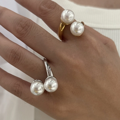 Anello Aperto Doppia Perla Artificial 316L Acciaio Inossidabile Minimalista Gioielli Da Dito Regolabili Donna Vintage Elegante