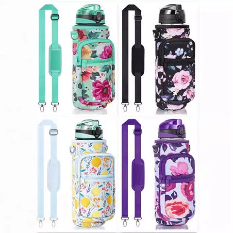 Neoprene Insulated Water Bottle Sleeve Carrier Bag With Adjustable Shoulder Strap Phone Pocket Floral Camo For Outdoor
