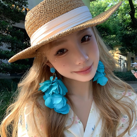 Pendientes Largos de Borla con Flores de Tela Bohemios con Poste de Plata Pendientes Florales Grandes para Vacaciones