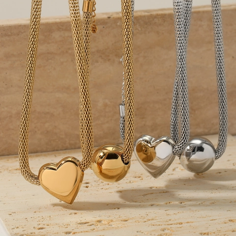 Mesh Ketting Hart Ronde Bal Hanger Ketting Roestvrij Staal Minimalistische Mode Sieraden Voor Vrouwen