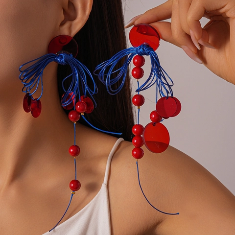 Ethnic Resin Knotted Long Tassel Drop Earrings With 925 Sterling Silver Earring Post Bohemian Red Blue Artistic Style