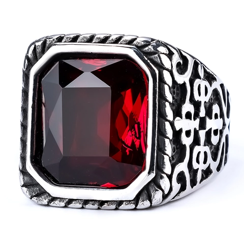Men Retro Signet Ring 316L Stainless Steel With Rectangular Gemstone Gothic Punk Engraved Jewelry