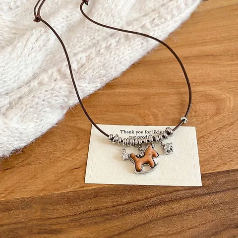 Collier Pendentif Cheval À Bascule Bois Cuivre Alliage Rétro Chaîne De Pull Longue Cordon Réglable Bijoux Vintage Femmes