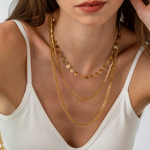 Multi-Layer Stainless Steel Geometric Rhombus Necklace Bracelet Set For Women Gold Plated Versatile Fashion Jewelry Set