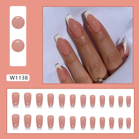 Uñas Postizas Largas Coffin French Tip Blanco Nude Rosa Plástico Manicura Elegante Y Sencilla Para Mujeres