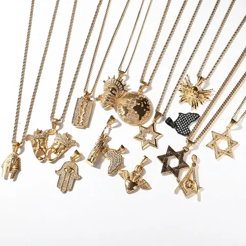 Hip Hop Pendant Necklace Stainless Steel Gold Plated Iced Out Rhinestone Africa Map Liberty Statue Punk Rock Jewelry For Men