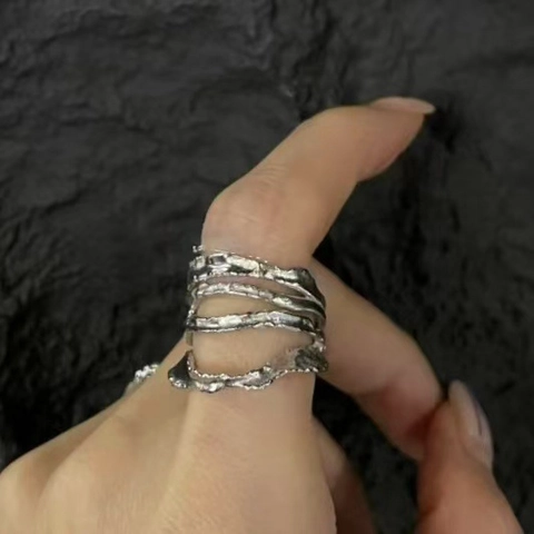 Bague Ouverte En Argent Sterling S925 Texture De Lave Irrégulière Multi Couches Style Métal Liquide Minimaliste Ajustable Pour Femme