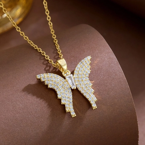 Collana Pendente Farfalla Acciaio Titanio Placcato Oro 18K Zircone Perla Artificial Catena Clavicola Gioielli Donna