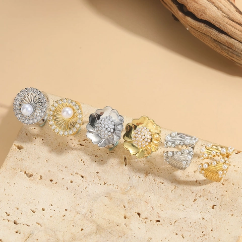 Women Open Rings Flower Design Copper With Zircon And ABS Artificial Pearl Adjustable Simple Vintage Style
