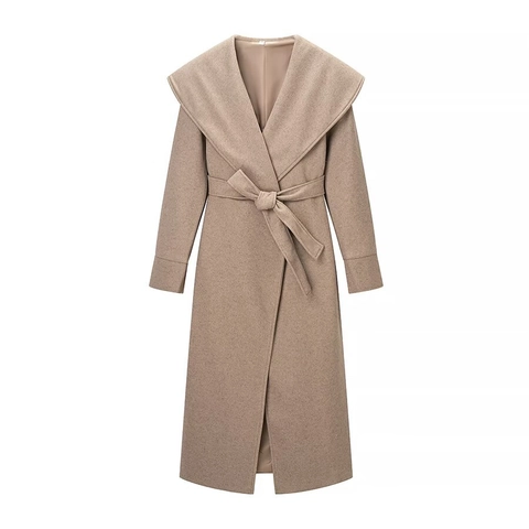 Elegante Abrigo de Lana para Mujer Con Solapa Grande Patchwork Color Sólido Lazo en la Cintura Abrigo Invierno Cálido Streetwear