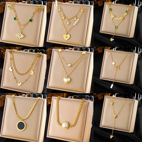 Gold Plated Stainless Steel Multilayer Necklace Elegant Heart Butterfly Eye Pendant Jewelry Niche Retro Style Women