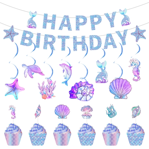 Mermaid Birthday Party Decoration Paper Cardstock Ocean Theme Banner Cake Toppers Spiral Ornaments For Kids