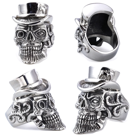 Anillo De Acero Inoxidable Punk Vintage Calavera De Caballero Con Sombrero De Copa Joyería Gótica Para Hombres Retro