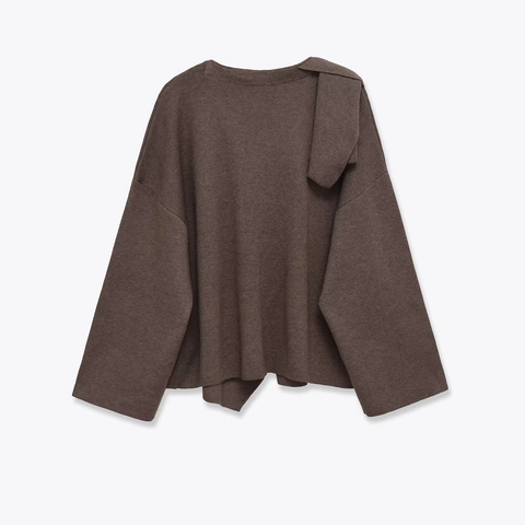 Women Asymmetrical Drape Neck Knit Sweater Long Sleeve Solid Coffee Brown Pullover Elegant Soft Top