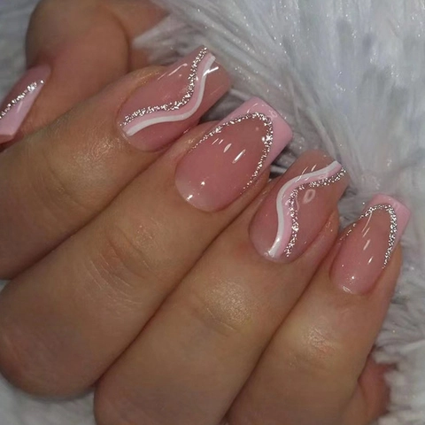 Unghie Finte Corte Quadrate Rosa Viola Galassia Glitter Argento Stile Francese Design Ondulato Per Donne