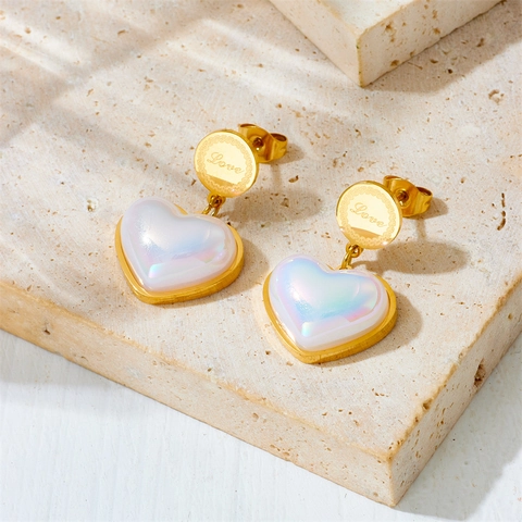 Heart Drop Earrings Love Engraved Titanium Steel Gold Plated Pearlescent White Heart Dangle Studs Elegant Accessory For Women