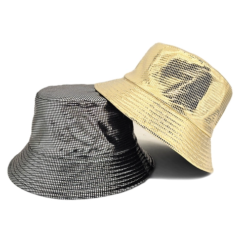 Cappello Alla Pescatora Metallico Lucido Donna Griglia Riflettente Laser Party Disco Cappello Da Palcoscenico Reversibile