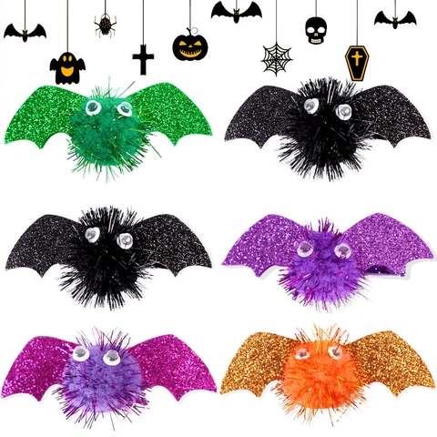 Halloween Bat Wing Hair Clips Glitter Pom Pom Hairpins For Party Cosplay Costume Accessories For Women Girls 5 Colors