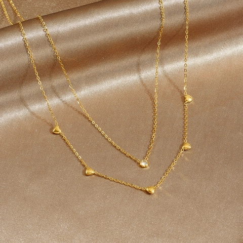 Gold Plated Stainless Steel Double Layered Necklace With Heart Pendants And Zircon Elegant Minimalist Women Jewelry