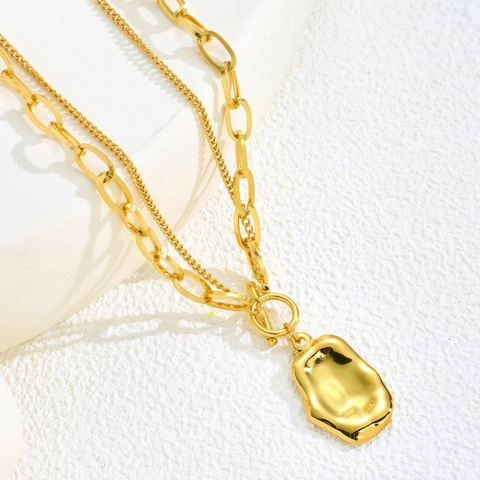 European Vintage Double Layer Irregular Pendant Necklace Stainless Steel Gold Plated Minimalist Layered Sweater Chain For Women