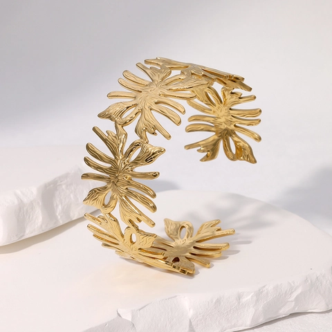 Bracciale Rigido Aperto Foglia Svuotata Elegante Acciaio Inossidabile Irregolare Largo Regolabile Donna