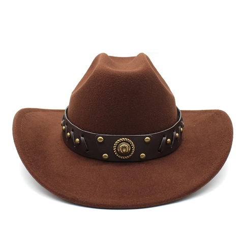 Western Cowboy Hat Wool Felt Wide Brim Jazz Fedora With Riveted Leather Band For Men Women Retro Style